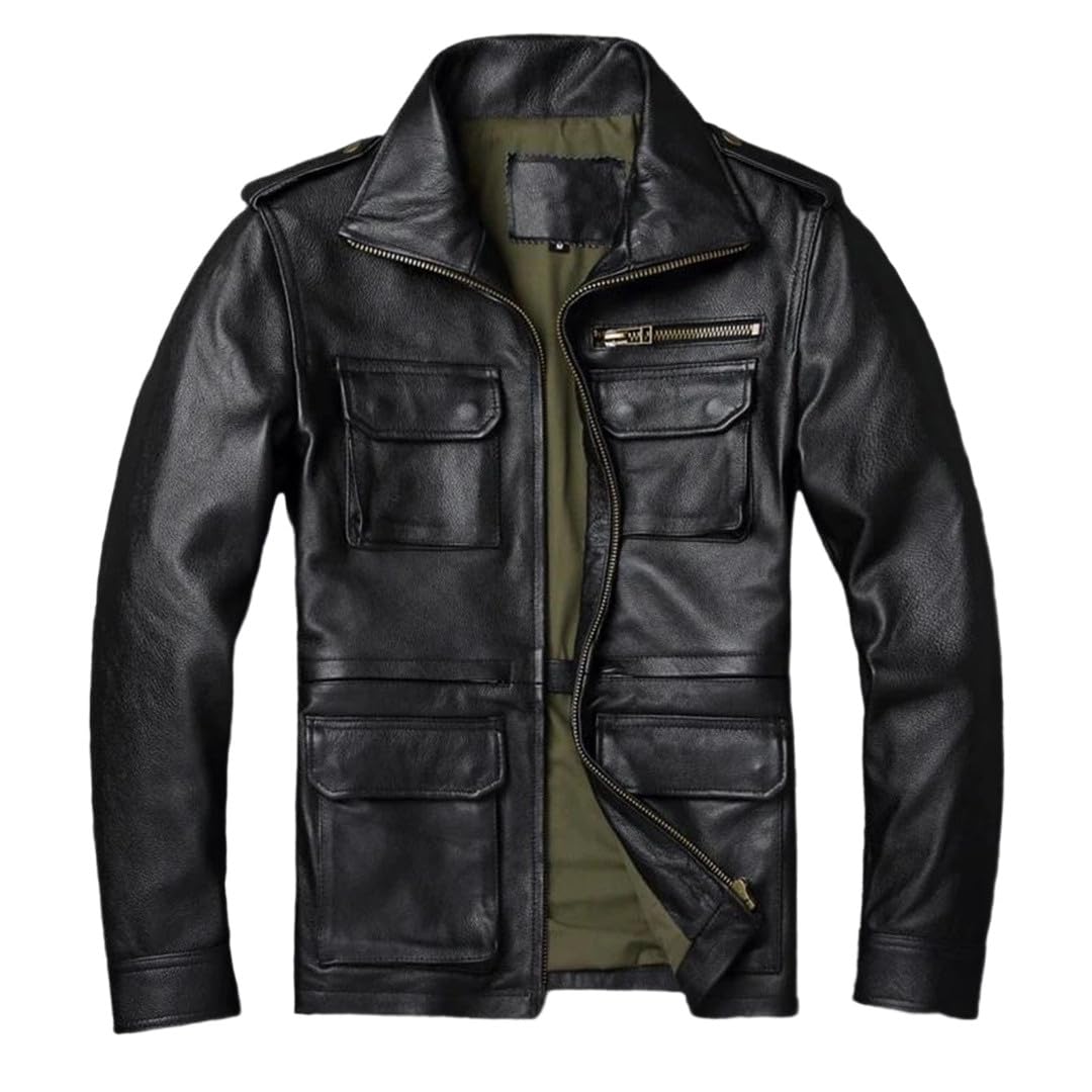 Mens Oversized Cowhide Leather Jacket Motorcycle Coat