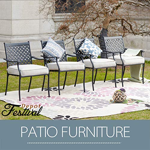 Festival Depot 4 Piece Outdoor Patio Furniture Outdoor Wrought Iron Dining Chairs Set For Porch Lawn Garden Balcony Pool Backyard With Arms And Cushions (4Pcs) (Beige) #TOP5