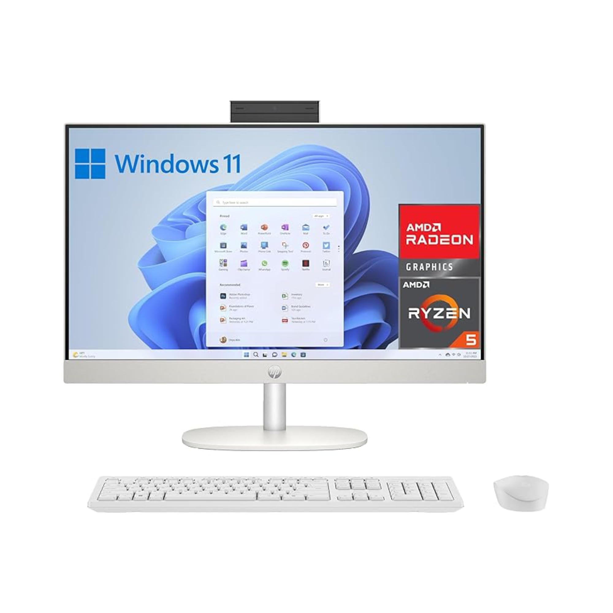 HP All-in-One 24-cr0007ss - Ordenador de sobremesa 23,8" Full HD con cámara, Teclado y ratón inalámbricos (AMD Ryzen 5 7520U, 16GB RAM, 512GB SSD, AMD Radeon Graphics, Windows 11 Home) Blanco