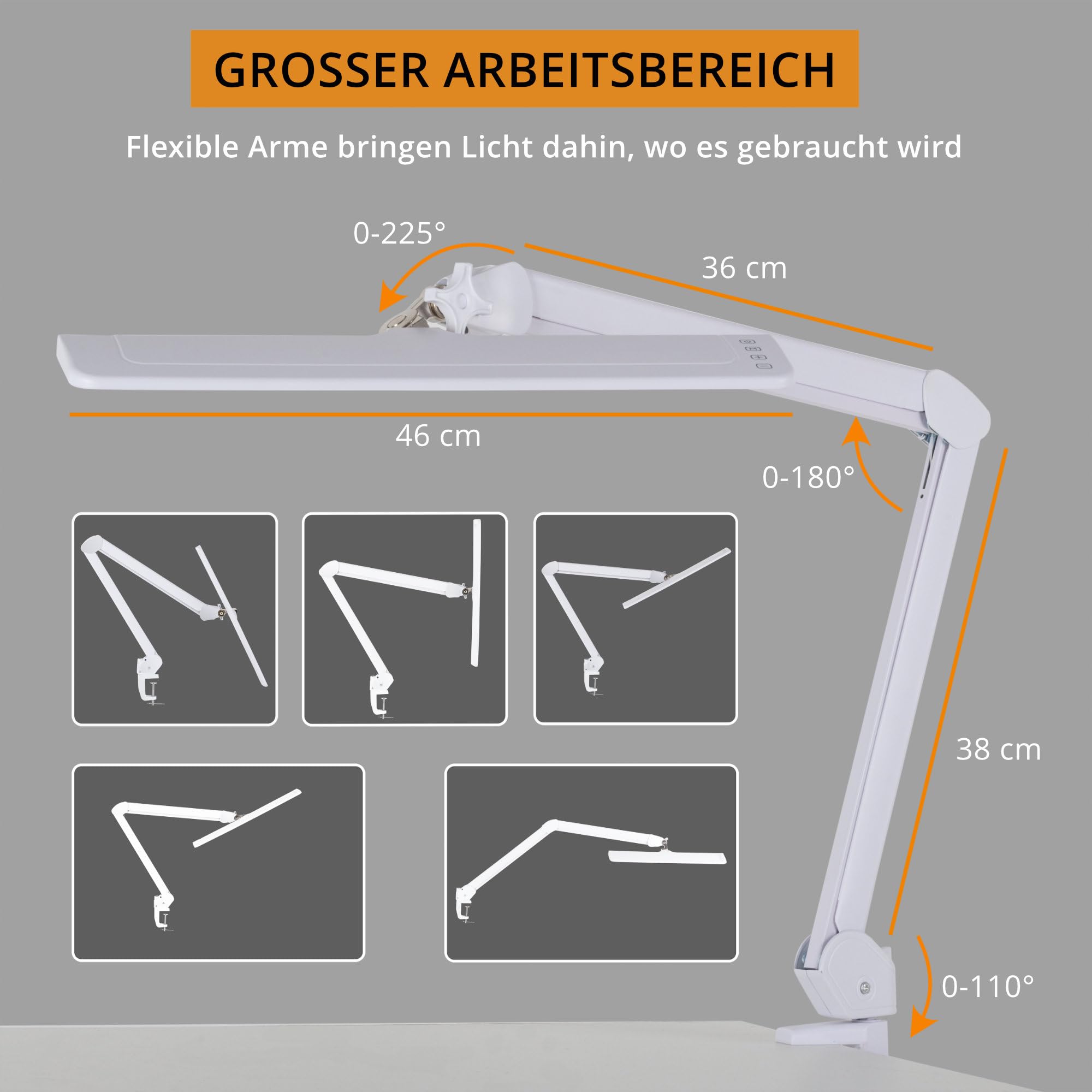 Showlite AL-6012 Arbeitsplatzleuchte - Dimmbare LED Schreibtischlampe für Büro oder Werkstatt - Klemmbare Tageslichtlampe mit Kugelgelenk - Tischlampe mit 4 Helligkeitsstufen - Monitor Lampe Weiß