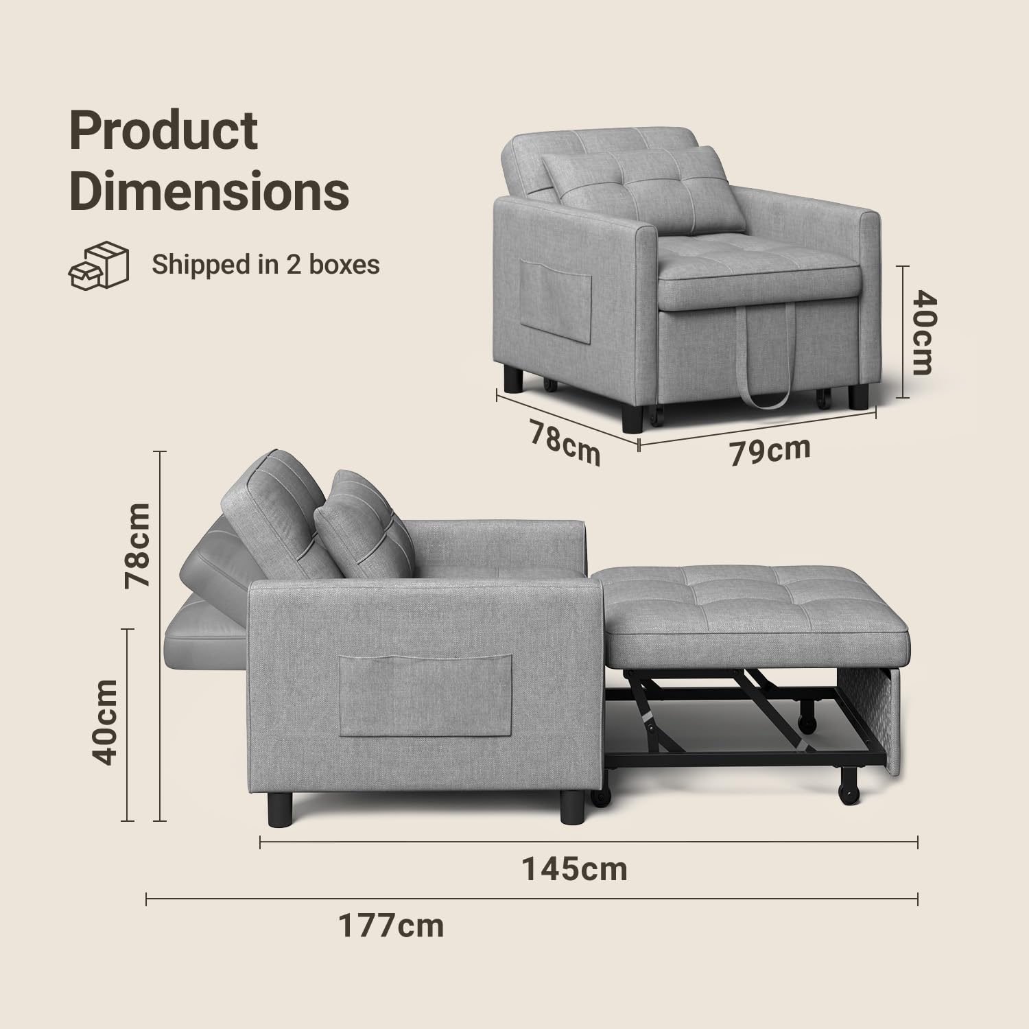Xbro Schlafsessel 3-in-1-Convertible-Stuhl-Bett, Schlaferstuhl mit bettfunktion, Verstellbares Schlafsofa mit Kissen und Tasche, Sessel mit schlaffunktio für kleine Wohnung (Hellgrau)