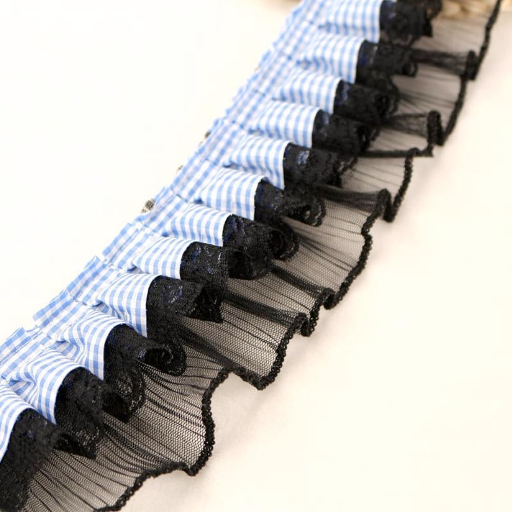 5 Yards 8 cm Wide Ruffle Lace Checked Pleated Lace Trim Lace Trim Lace Ribbons Lace Borders Decorative Ribbon for DIY Crafts Clothing Decoration, Light Blue A