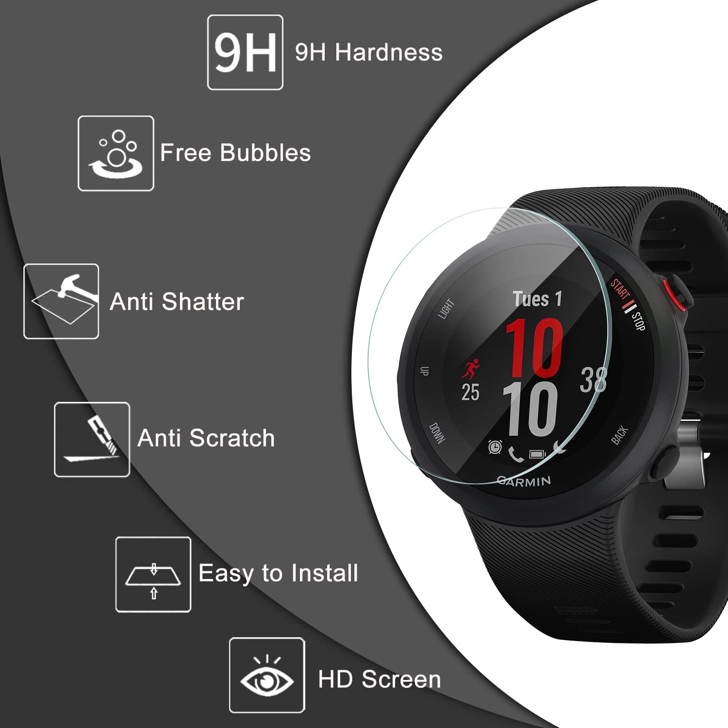 Youniker - Pellicola proteggi schermo in vetro temperato per Garmin Forerunner 45, per Garmin Forerunner 45S, pellicola protettiva per lo schermo in vetro antigraffio, anti-impronte e senza bolle