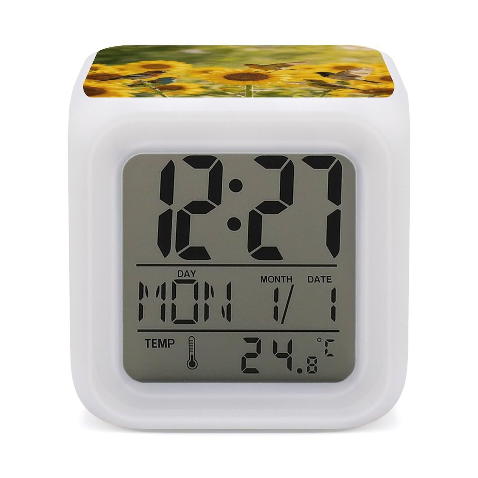 LZQPOEAS Sunflowers and Songbirds Alarm Clock with 7 Color Changing Nightlight for Bedroom Calendar Temperature Display Wake Up Digital Clock Small Desk Clocks for Heavy Sleepers Adults