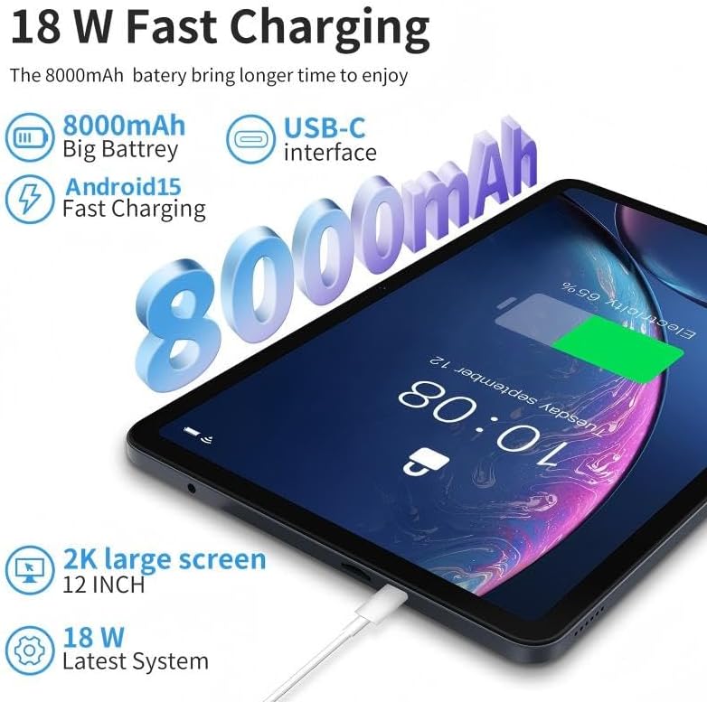 redbeat 12-inch Android Tablet, 2K Display, 36(12+24) GB+256GB Storage, 8000mAh Battery, USB-C Fast Charging, Wireless Keyboard and Mouse Bundle