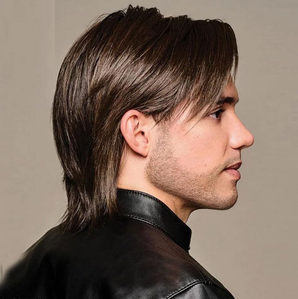 Hesperis Brown Human Hair Wigs For Men Brazilian Remy 13x6 Lace Front Wig With Side Bangs Layered Cut Men Wig (180density)