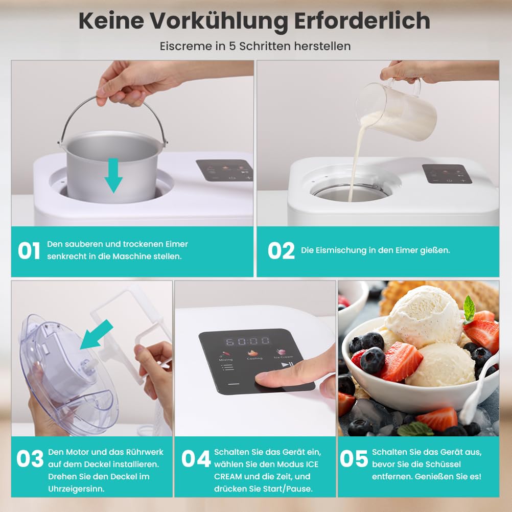 Eismaschine mit Kompressor 1,2L, Eismaschine Selbstkühlend 110W, mit Entnehmbarem Eisbehälter, inkl. Eisportionierer/Messzylinder mit Skala