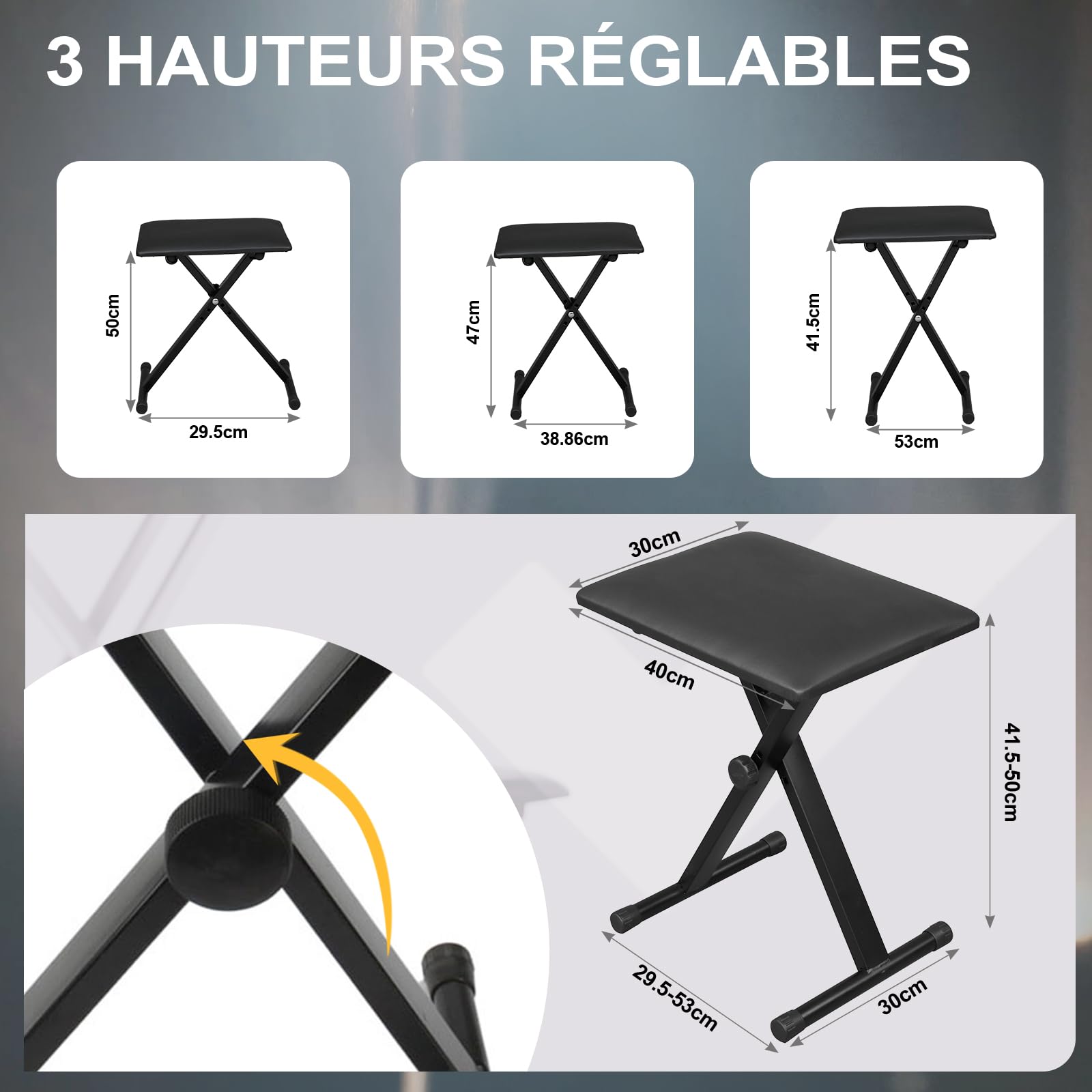 LEADZM Support de Clavier Double Forme X et Tabouret, Support de Piano Réglable en Hauteur sur 6 Niveaux, Tabouret de Piano Pliable pour Clavier, Piano Numérique, Synthétiseur