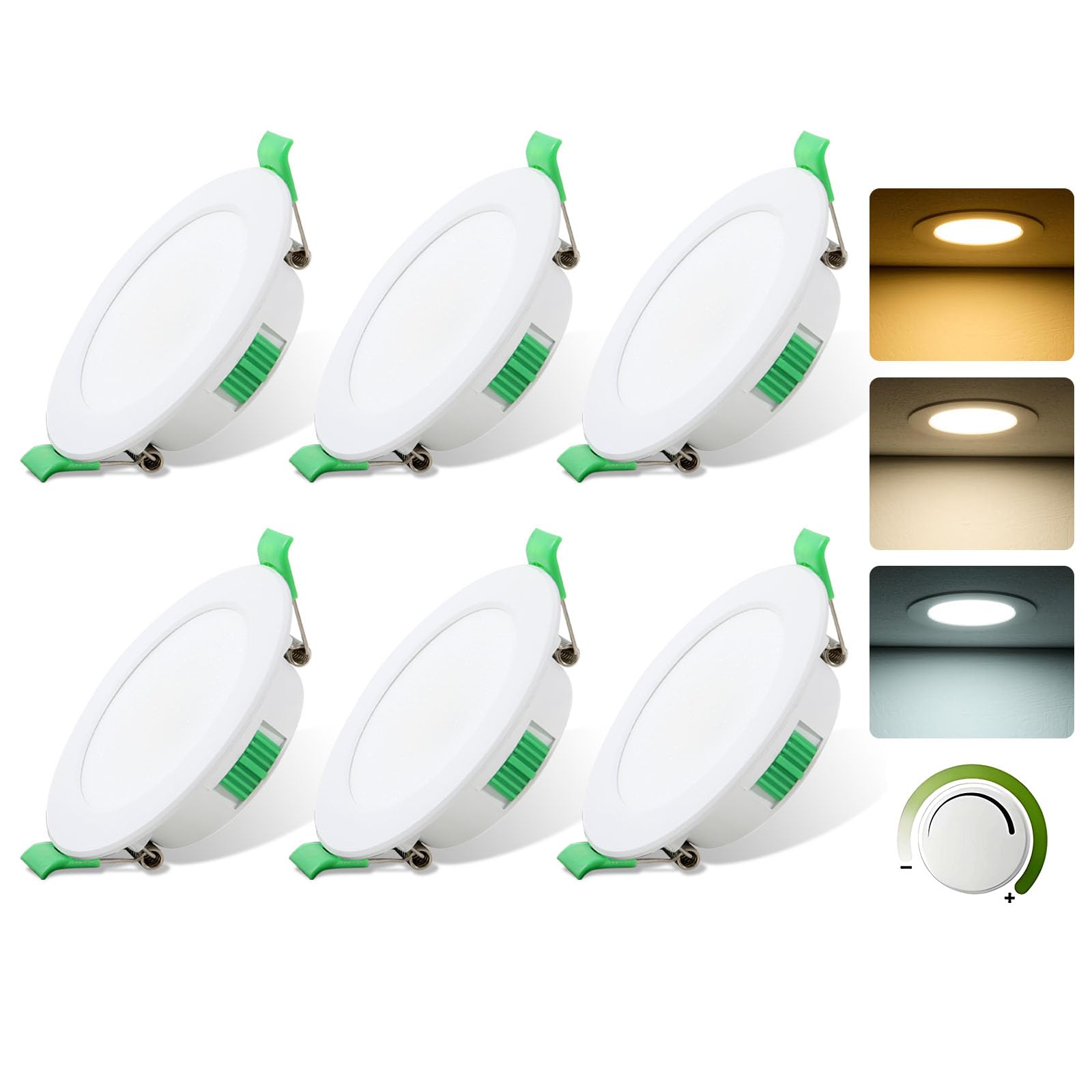 Spot LED Encastrable 230V, 7W Dimmable Spot Salle de Bain pour 68mm - 78mm Taille de Découpe, 3000K/4000K/6500K Réglable LED Plafond, IP44 Étanche pour Salle de bains, Salon, Set of 6