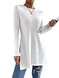 Side Slit Tees for Women Long Sleeve T Shirt Crewneck Solid Casual Split Hem Tops