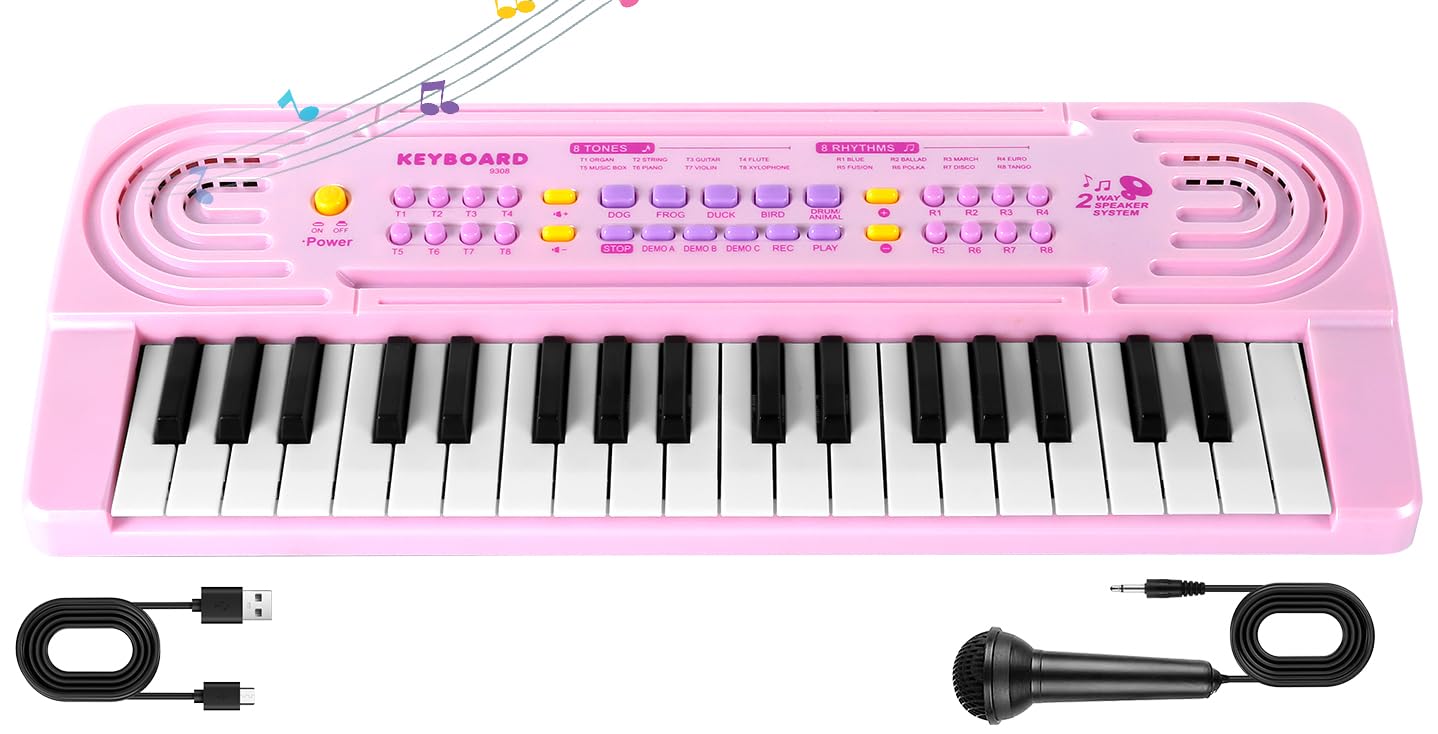 Teclado Electrónico Piano Infantil, 37 Teclas Teclado Multifunción Portátiles con MicróFono, Organo Electronico Piano Musical Regalo para de Niños y Niñas para Niños 3+ Años, Seguro y Duradero