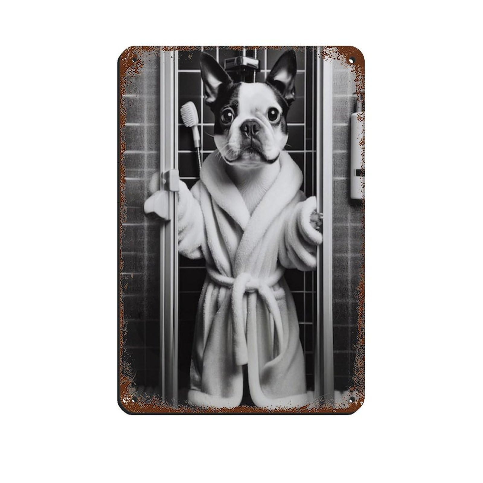 Boston Terrier Bathroom Art Poster Retro Poster Metal Tin Sign Chic Art Retro Iron Painting Bar People Cave Cafe Family Garage Poster Wall Decoration 8x12inch(20x30cm)