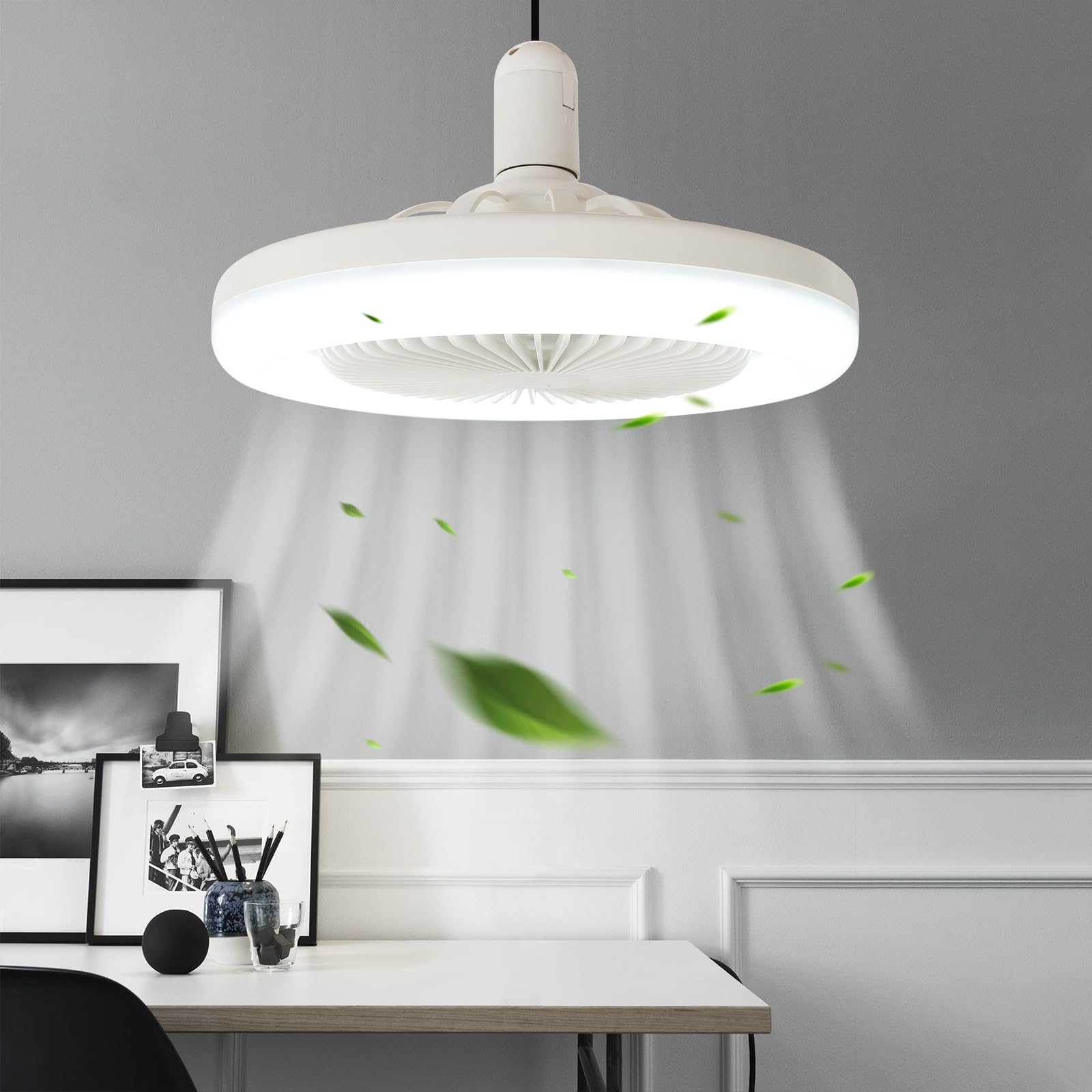 JOISTOON 10Inch Socket Ceiling Fan with Light, Enclosed Ceiling Fan with Light,Low Profile Socket Fan Light, 10" Smart Bladeless Ceiling Fans for Small Chicken Coops Ventilation