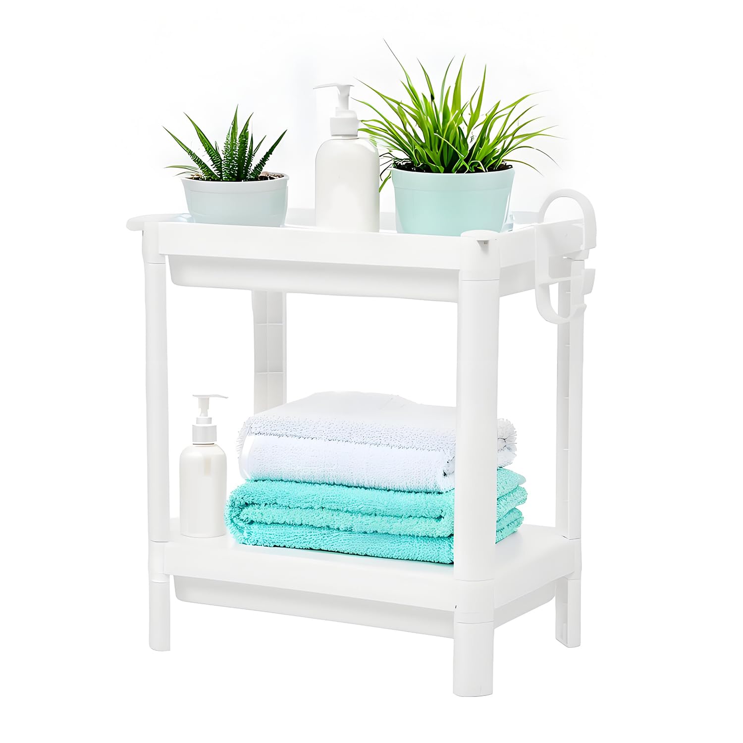 Tissting Scaffale da Bagno, Scaffale da Bagno a Torre in Plastica, Organizer Autoportante, Scaffale Multifunzionale Per Soggiorno, Camera da Letto, Cucina, Bianco(2 strati)