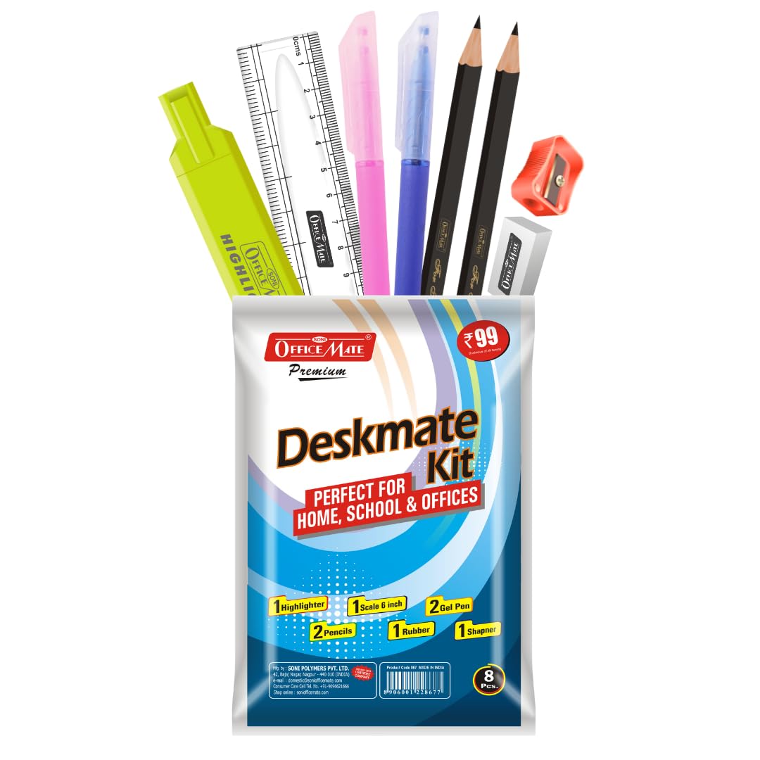 Soni OfficeMate Deskmate Kit | Includes 2 Gel Pens, 2 Pencils, 1 Highlighter, 1 Eraser, 1 Sharpener, 1 Scale (6-Inch) | Assorted Stationery Items | Essential Stationery Kit | Combination Set of 8