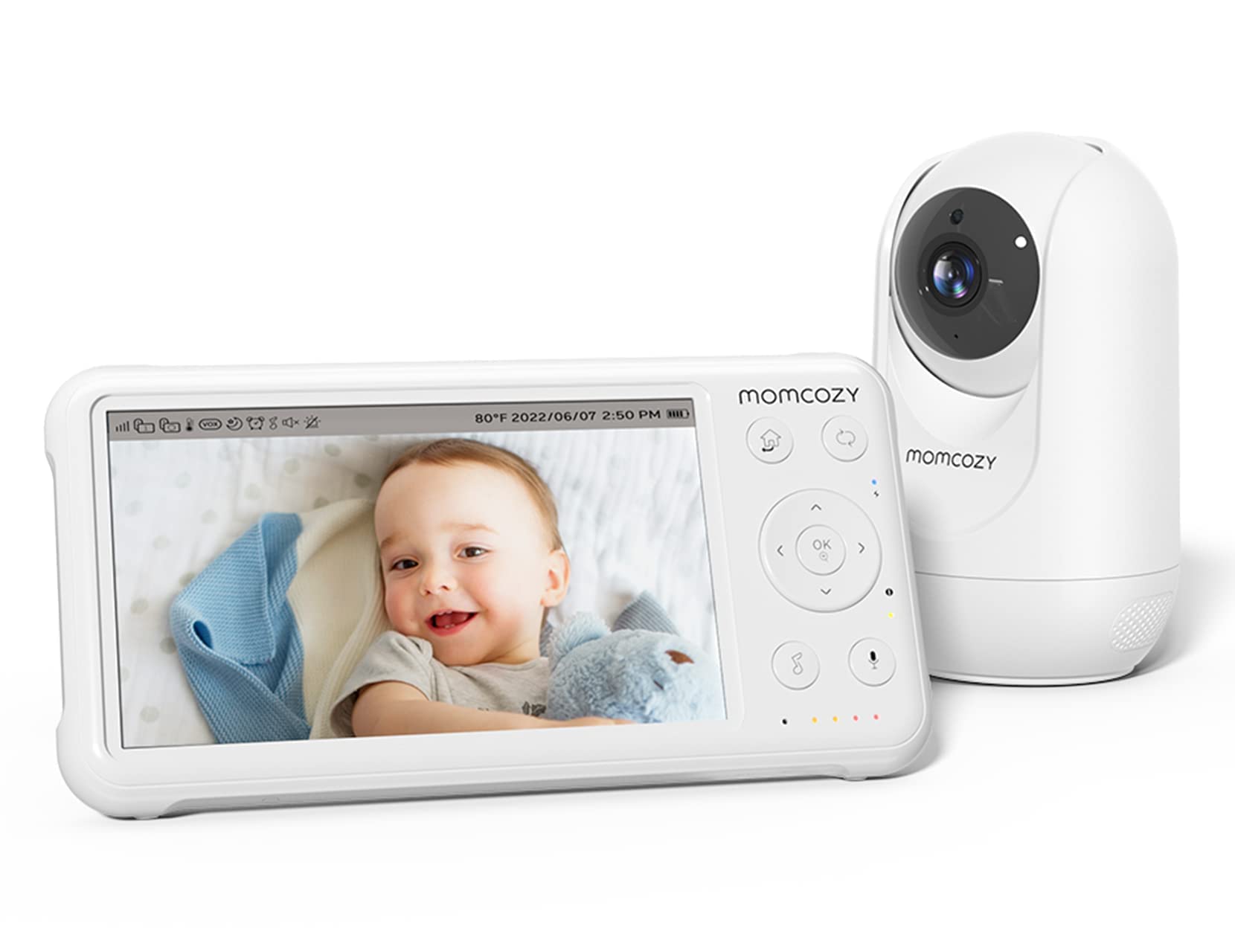 momcozy BM01 Baby Monitor Video e Audio 5'' 1080P, 5000mAh Batteria, 360°PTZ,Visione Notturna, Audio Bidirezionale, Sensore Temperatura, VOX, 300m, Supporto a Parete Incluso, Idea Regalo Nascita