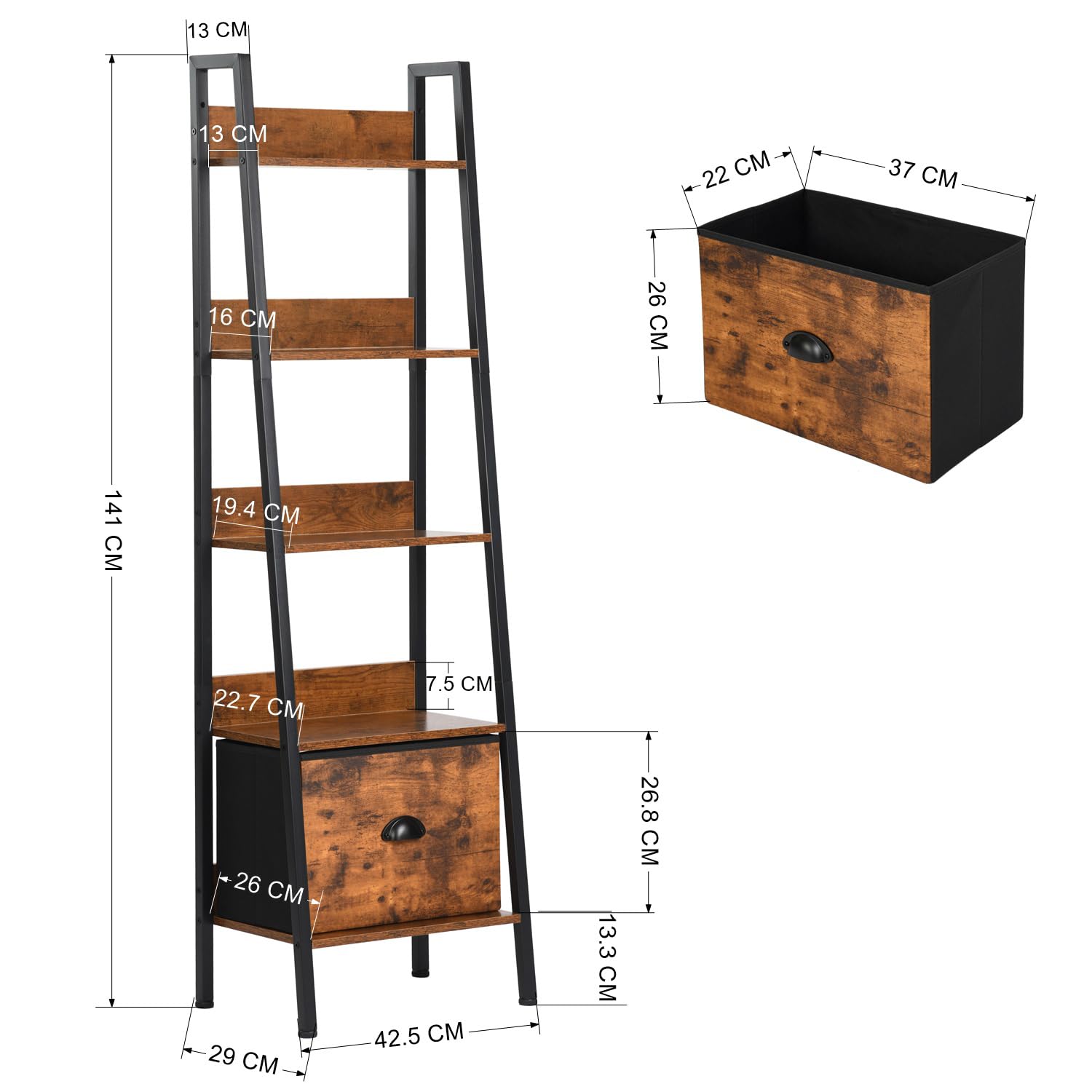 FurnitureR Étagère de Bar, Support de Présentation pour Bar, H-26cm Compartiment, Meuble de Rangement pour Bouteilles d'Alcools et Verres, 5 Niveaux Rangement avec Tiroirs en Non-Tissé, 42x29x141cm