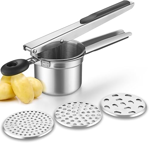 Ricer de papas, acero inoxidable para frutas y verduras, gran capacidad con 3 discos intercambiables y taza interior
