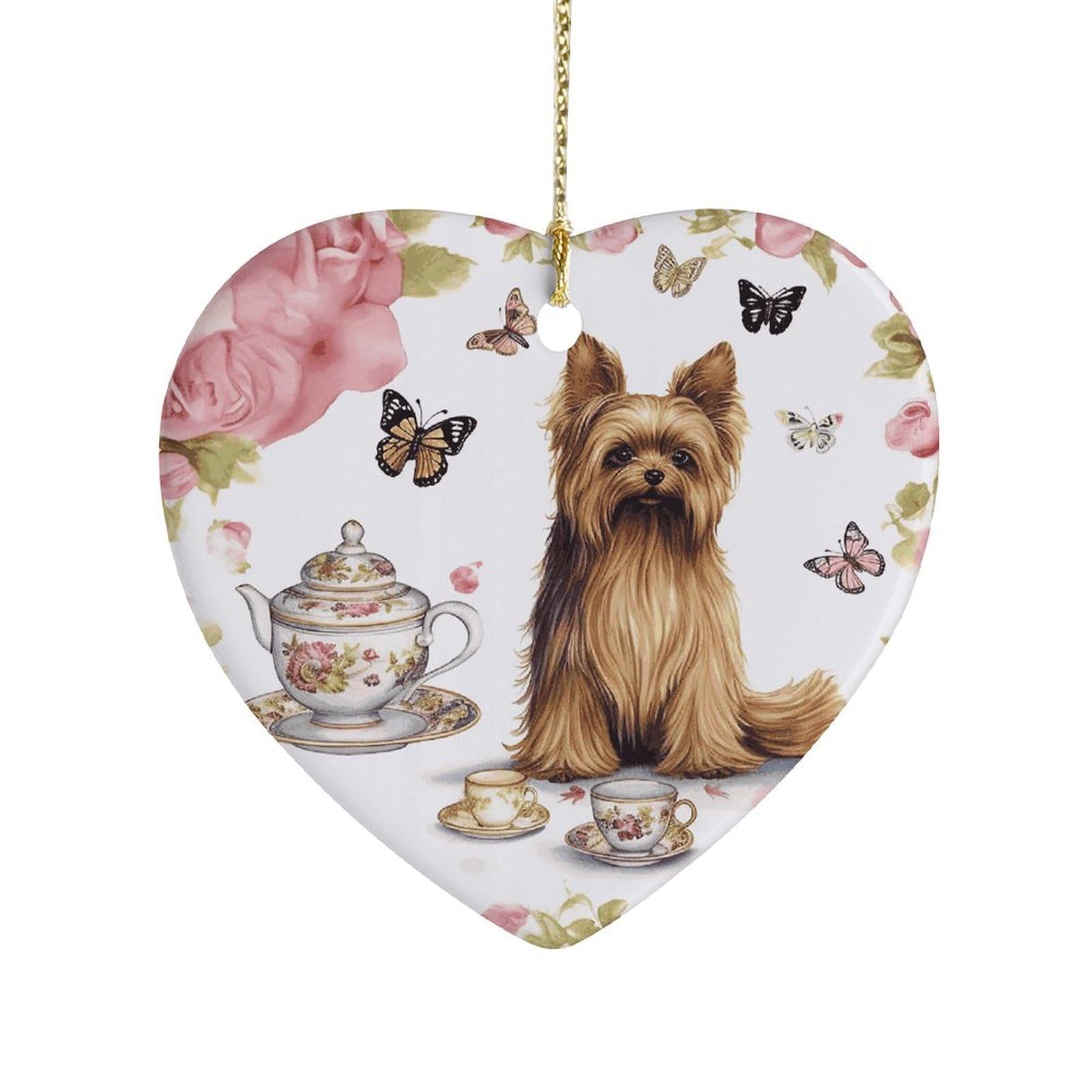 Yorkshire Terrier Tea Party Butterflies Roses Heart Ornament Precious Heart-Shaped Pendant Idea Ceramic Ornaments with Gold String Personalized Heart Shaped Decoration for Outdoor Party Love