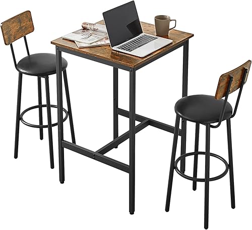 Juego de mesa y silla de bar industrial para 2 mesas y taburetes de altura de mostrador con respaldo, mesa de comedor cuadrada, juego de 3 con