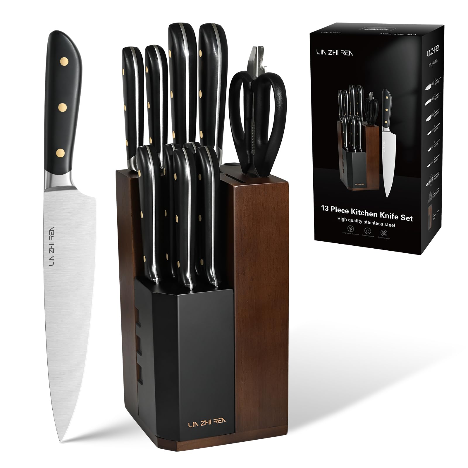 LIN ZHI REN 13 Piece Kitchen Knife Set with Built-in Sharpener, Professional Stainless Steel Knife Block Set, Full Tang Ergonomic Handle, Includes Chef, Santoku, Bread & 5 Steak Knives — image 1