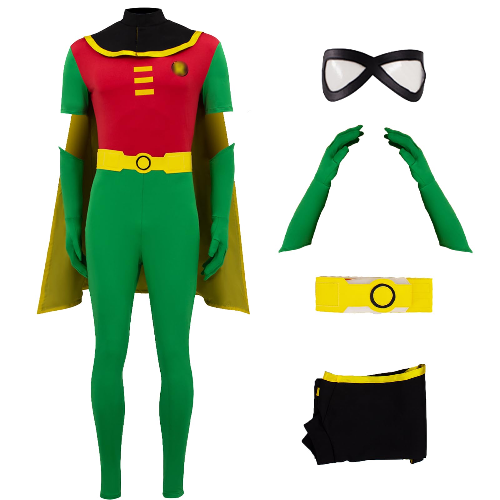 AYYOHON Robin Costume Mens Robin Jumpsuit Adult Superhero Bodysuit Halloween Cosplay Outfits Cloak Gloves Eye Mask Belt Sets 3XL