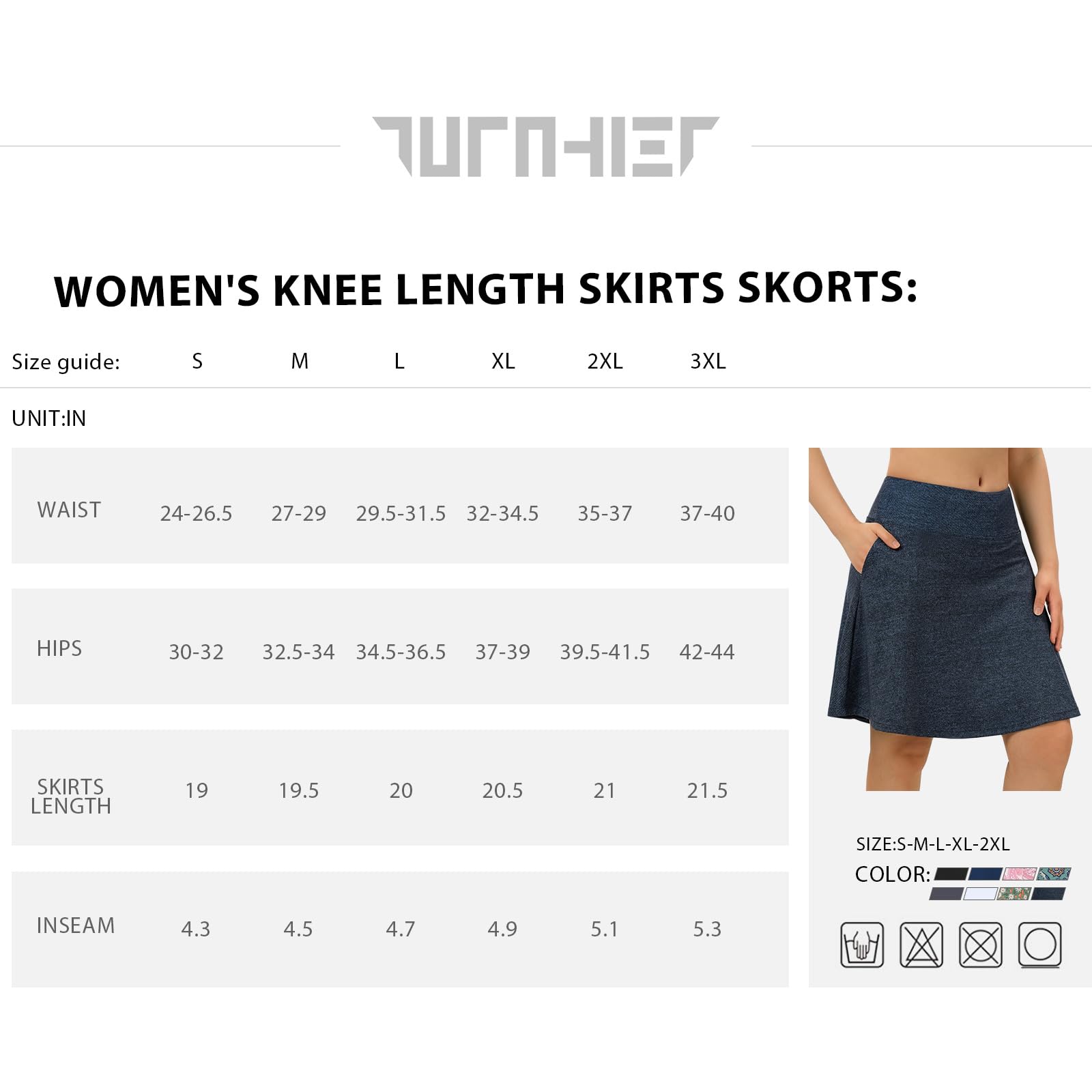 Turnhier Jupe de 50,8 cm pour femmes, longueur genou, jupe décontractée athlétique, tennis, golf avec poches