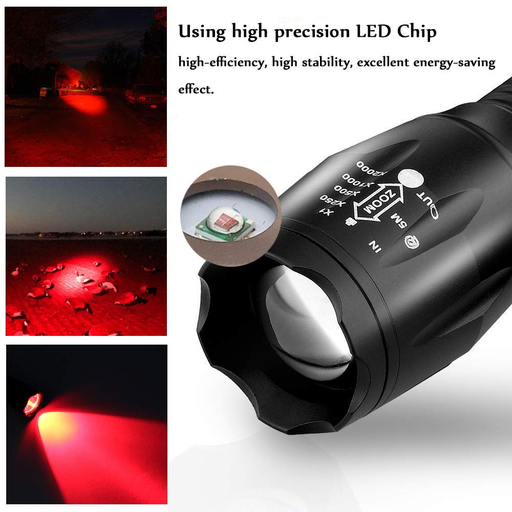 Linterna LED roja militar solo modo zoomable impermeable caza linterna para observación de astronomía nocturna, paquete de 2