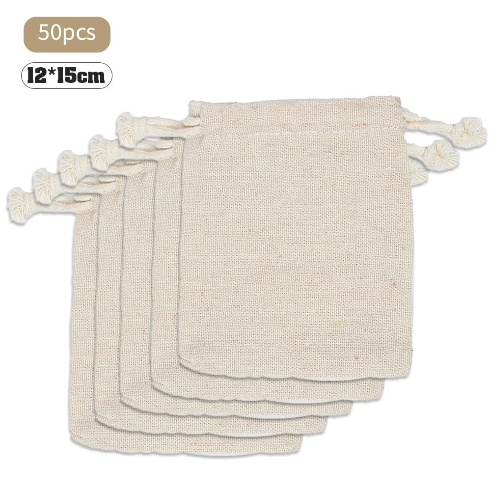 Sacchetti di Luta 50pc Cotone Lino iuta Bag con coulisse regalo sacchetto di tela da imballaggio Sacchetti Gioielli sacchetto del regalo per il partito Packaging Tool Per Regali di Nozze, Festa, Natal