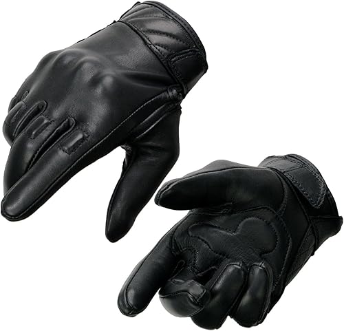 Milwaukee Leather MG7521 - Guantes de mano acolchados de gel de cuero negro para hombre, con nudillos protectores de goma