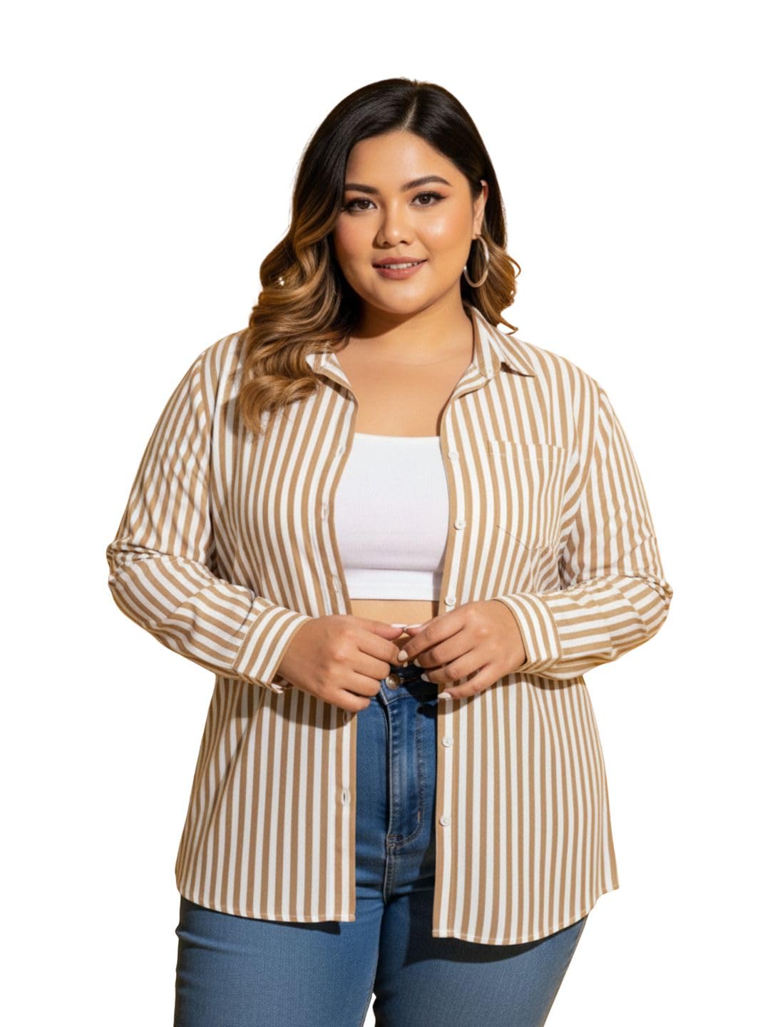 buynewtrend Women’s Striped Cotton Oversized Plus Size Button-Down Shirt-picture-33