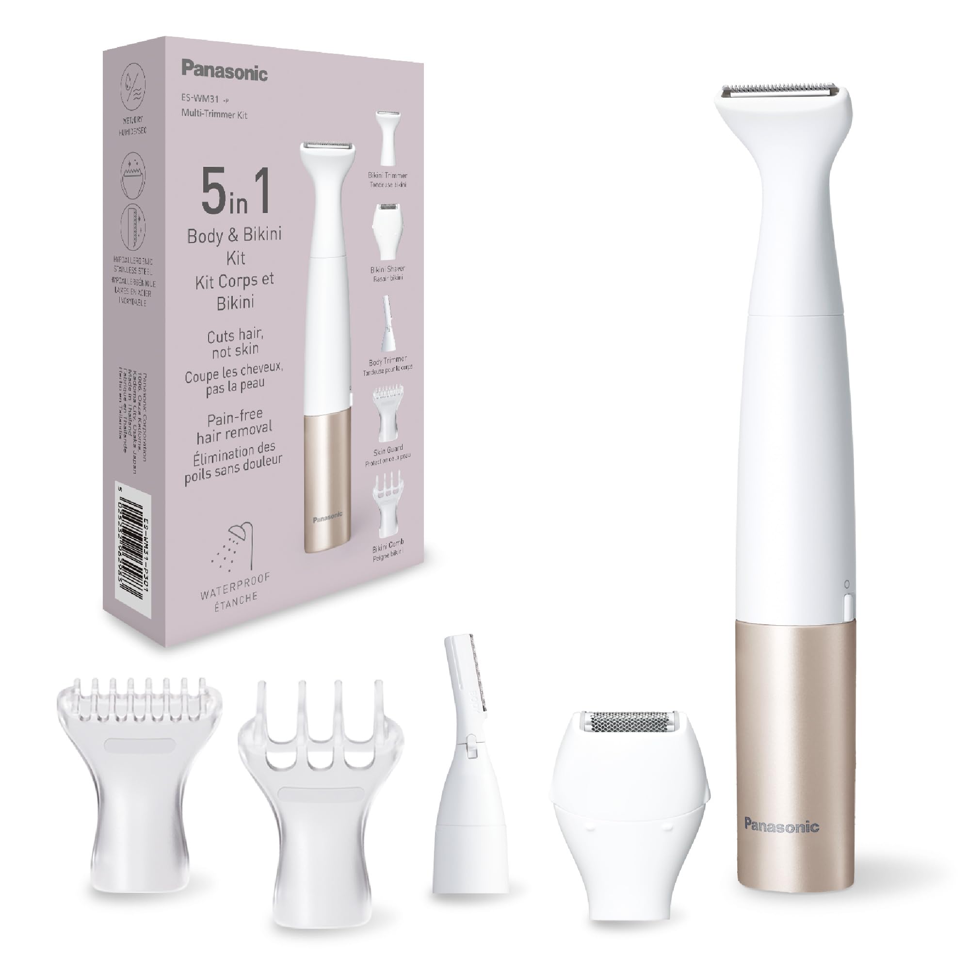PanasonicES-WM31 5-in-1 Multi Trimmer Body & Bikini Zone, Hair Remover for Women, Women's Razor, 5 Attachments, IPX7 Waterproof, Wet & Dry, Battery Operated (1 x AA Required), White Gold