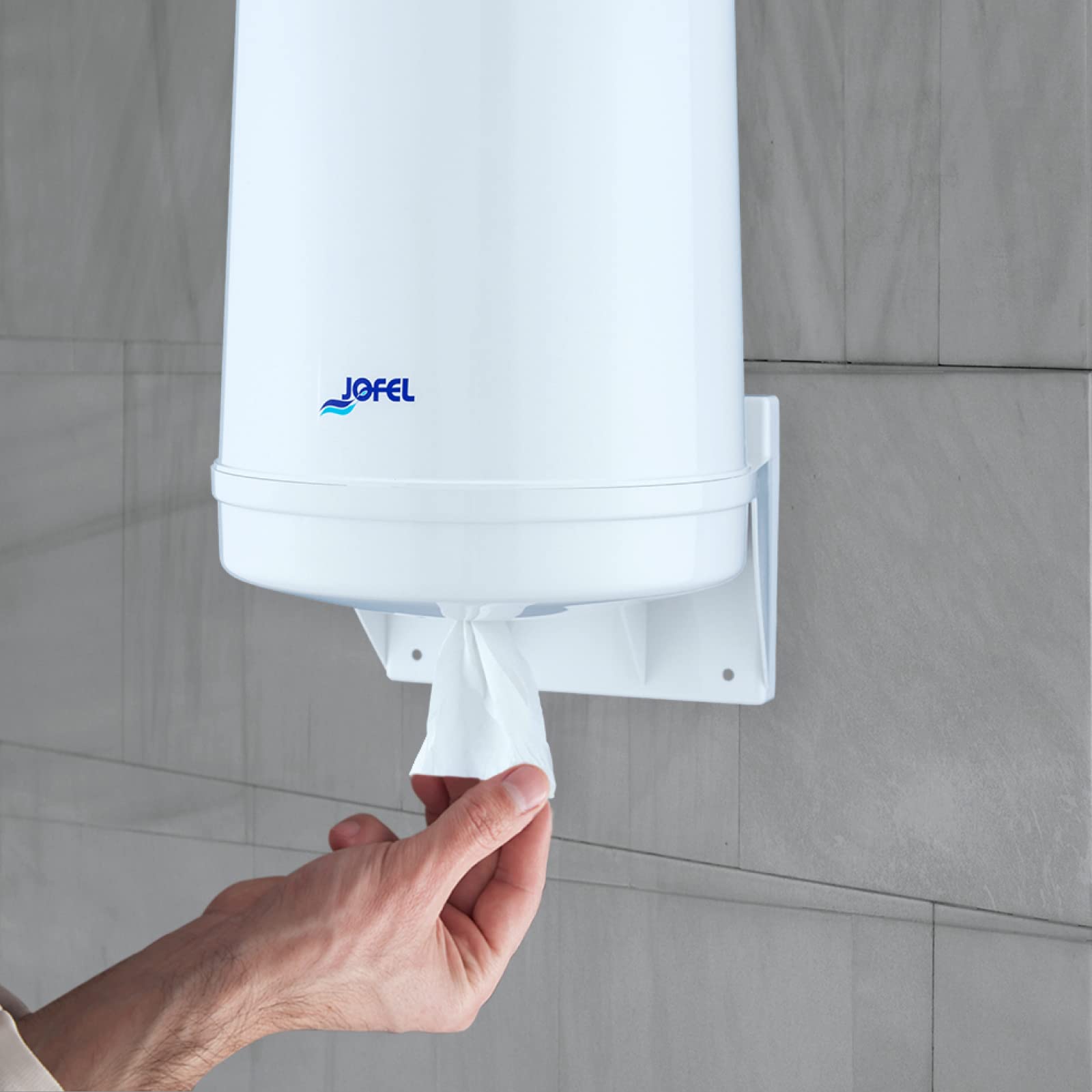 Jofel - Dispenser per rotoli di carta fino a 205mm a stoppino continuo, rotolo speciale per dispenser a base centrale, massima igiene, custodia in ABS, Classic AG20020, Bianco