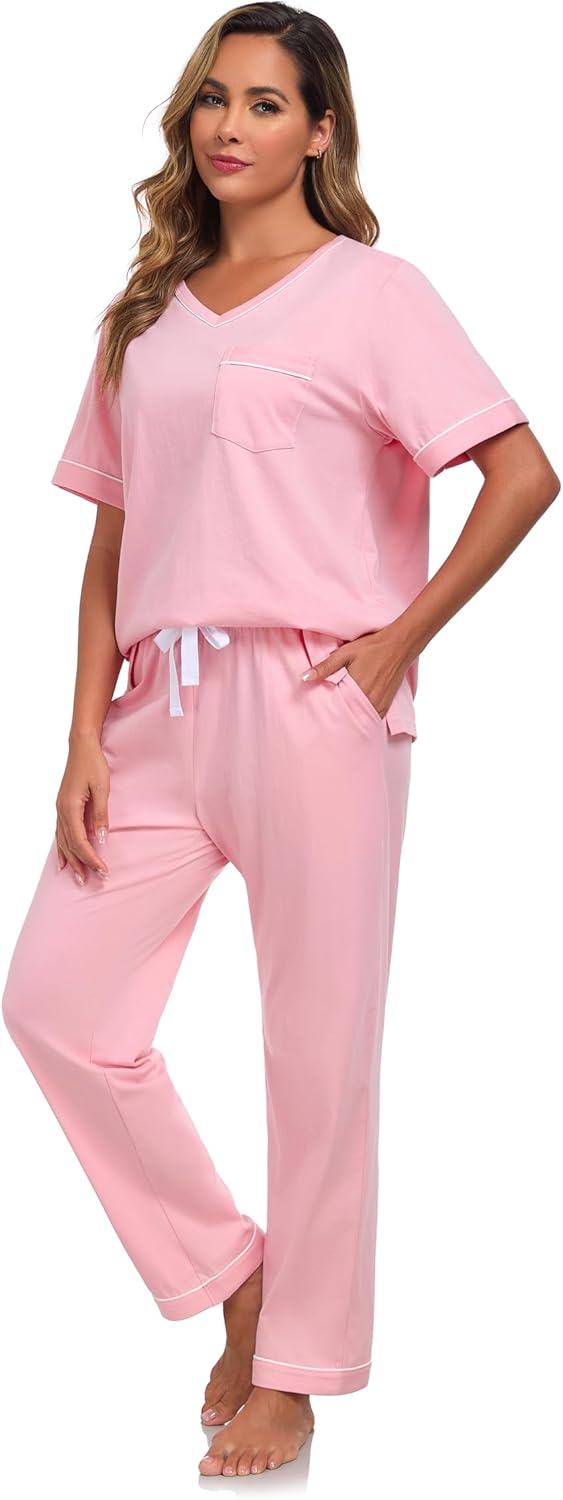 Women's 100% Cotton Pajama Set Short Sleeve and Long Pants Pj Set Soft V-Neck 2 Piece Sleepwear with Pockets - Image 6