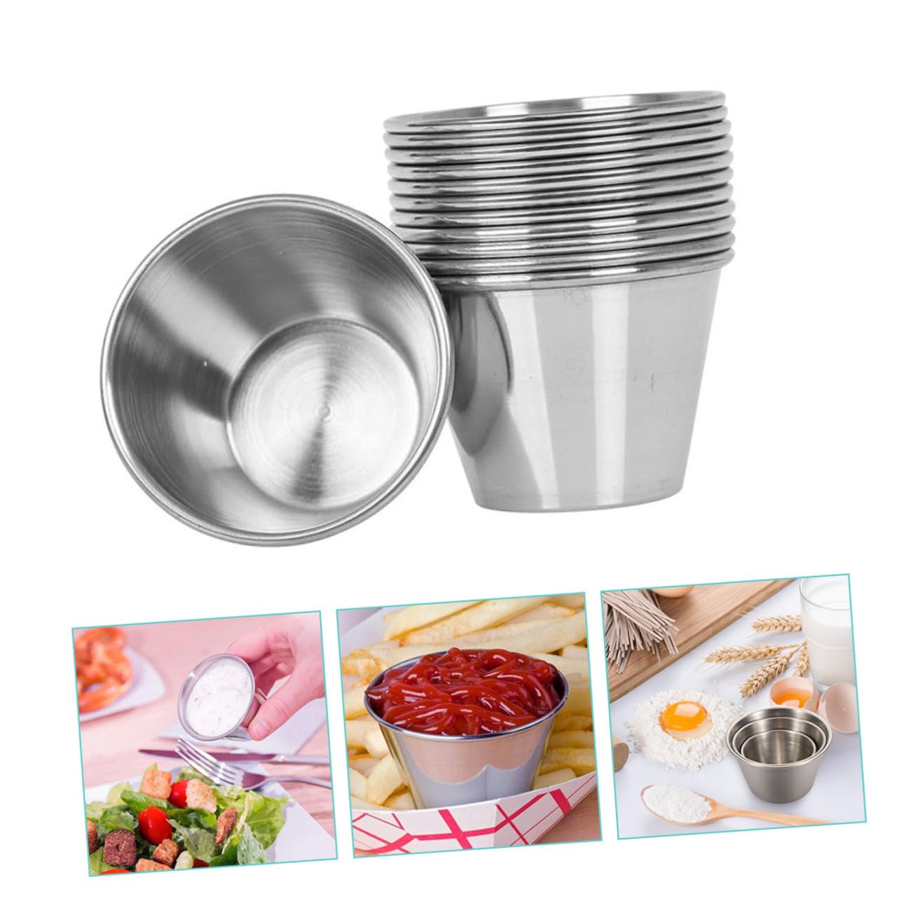 Didiseaon Bicchieri Rotondi Resistenti All'usura Set 12 in Acciaio Inossidabile Argento e Facili da Pulire per Condimenti per Uso a Tavola e Negozi Alimentari