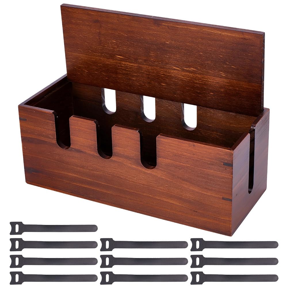 ORIGACH Große Kabelmanagementbox Aus Holz Mit Deckel Und Kabelbindern Bodenkabelorganisator Mit Überspannungsschutz Und 7 Ausgang Für TV Kabel Computer Router USB Hub Und Steckdosenleiste