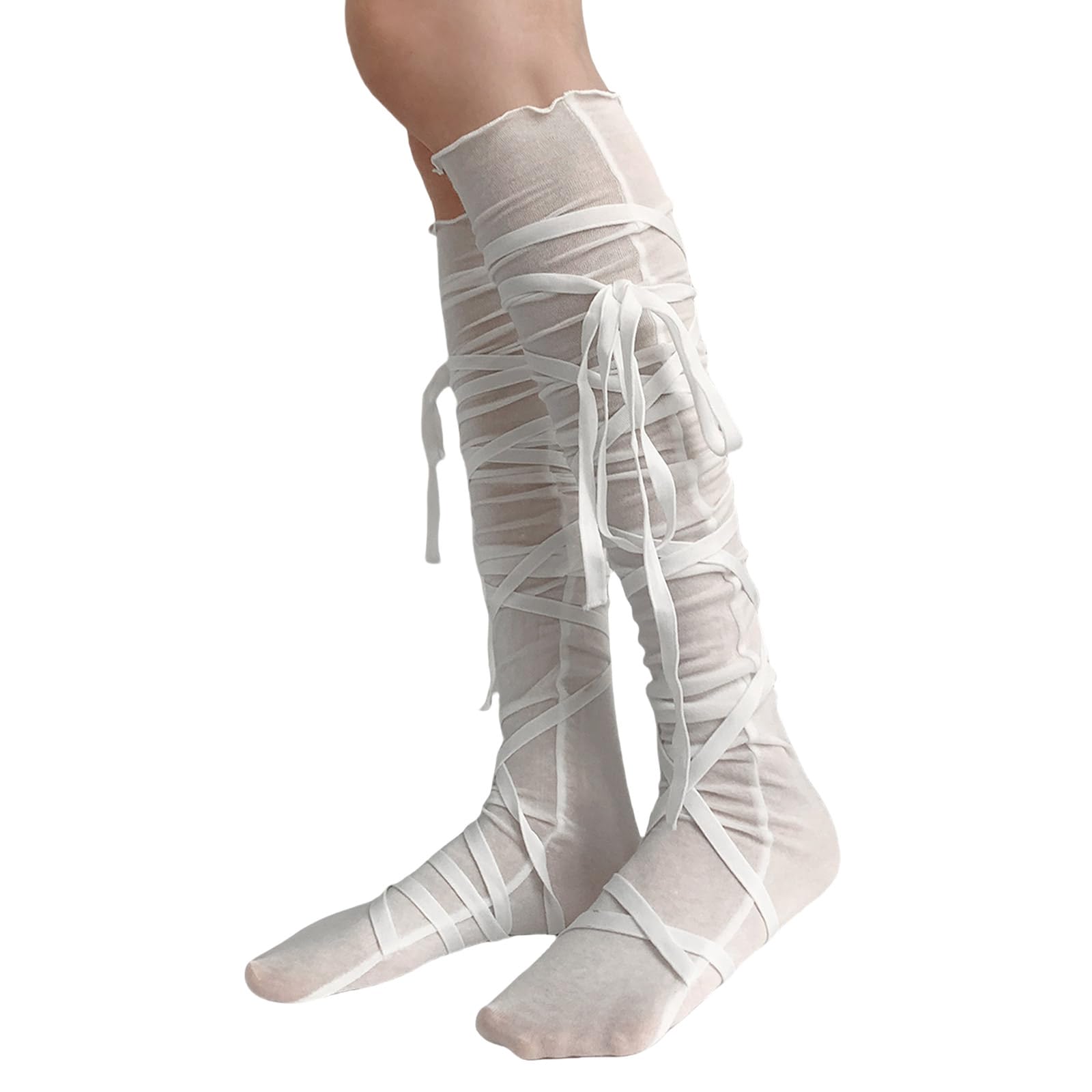 Zepfjhe Unisex White Bandage Thigh Highs Socks Long Boot Stockings Over The Knee Strappy High Stockings For Womens Girls Gifts Ballet Strappy High