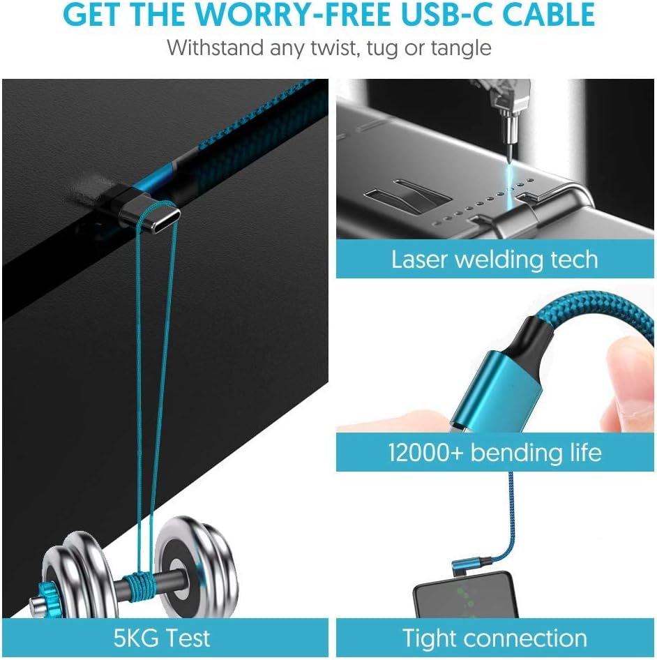 geekboy USB C Cable, Right Angle Type c Charger [2-Pack 10ft], Durable Nylon Braided USB A to Type C Charger Cable for Samsung S23 Ultra/S22 Ultra/S21 Plus/S20, Note 10 and Other USB C Charger(Cyan)