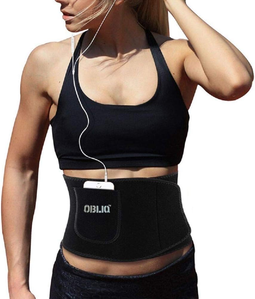 obliq Sweat Slim Belt with Mobile Holder for Men & Women Waist Stomach Shaper Fitness Yoga Wrap Unisex Weight Loss Back Pain Gym Running Travel Tummy Workout (Small (Upto 32 Inches)) Black