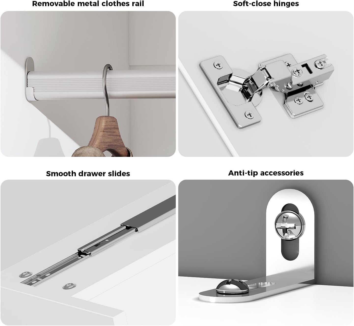 VOWNER Wardrobe Closet with 3 Doors, Bedroom Armoire with Mirror, LED Light, 4 Drawers and Hanging Rod, Large Capacity Storage Closet for Bedroom, White 47" L