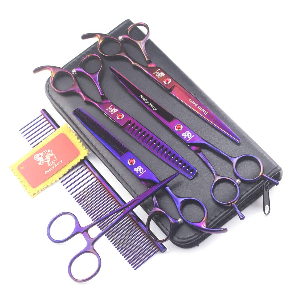 7 inches purple Stainless Steel Pet Dog Cat Hairdressing Scissor Suit Suit Provided With Curved Thinning Shear and Fish bone scissors Comb and hemostat,4 Set
