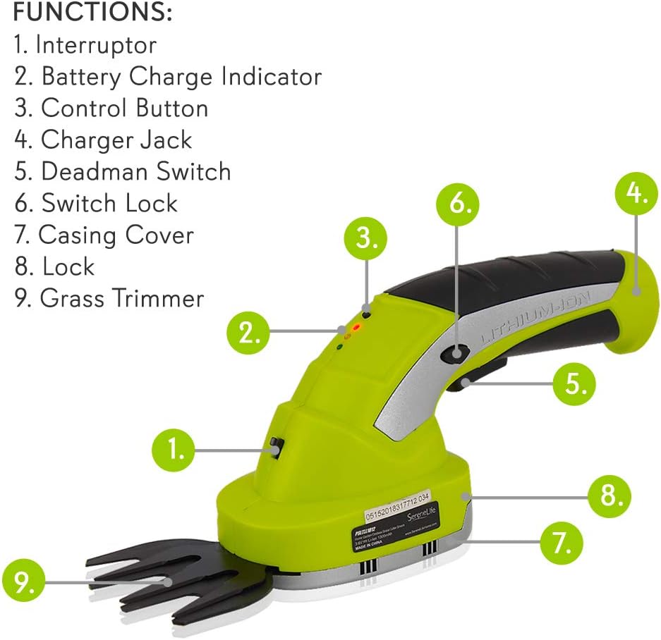 SereneLife PSLTLL1812 Cordless Handheld Shears-Electrical Hand Held Hedge Trimmer Weed Or Grass Clippers with 3.6V Rechargeable Battery, Metal Blades, for Lawn Yd Gardening Use, Yellow