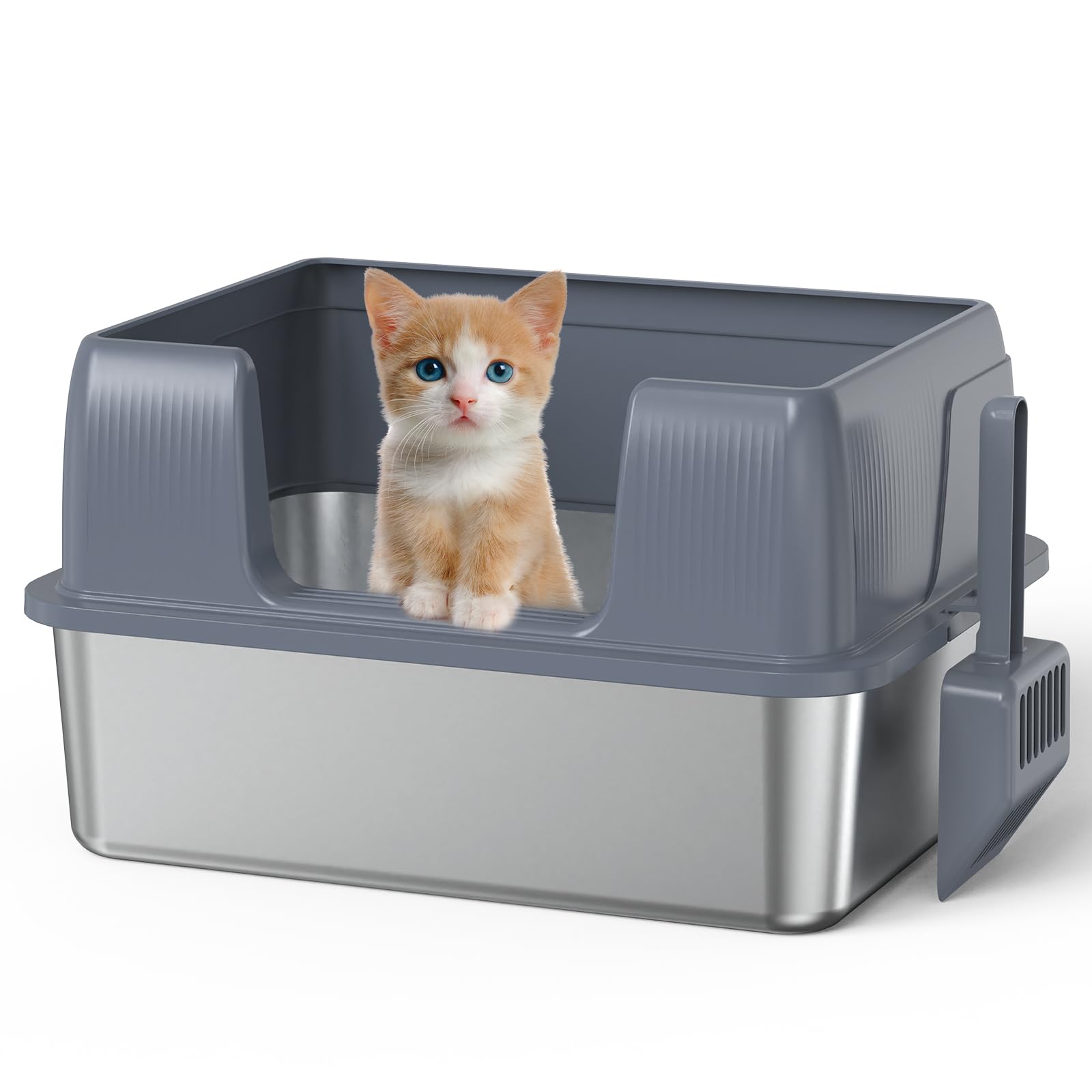 Stainless Steel Litter Box with Lid, High Side Metal Kitty Litter Box, No Stick, No Smell, Easy to Clean