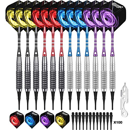 CyeeLife Professional Soft tip Darts 17g with Alu Shafts with Rubber o Rings,Dart Tool&100 Extra Tips&Extra Flights,Hourse Plastic Darts for Electronic Dartboard (4C Alu Shafts)