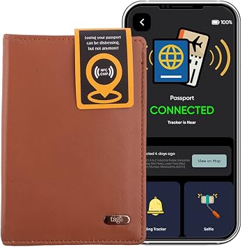 tag8 DOLPHIN Smart Passport Holder, Android and iOS Compatible, Genuine Leather Passport Cover with BLE Tracker and RFID Blocking Technology, Passport Wallet and Case for Cards and Cash, Tan