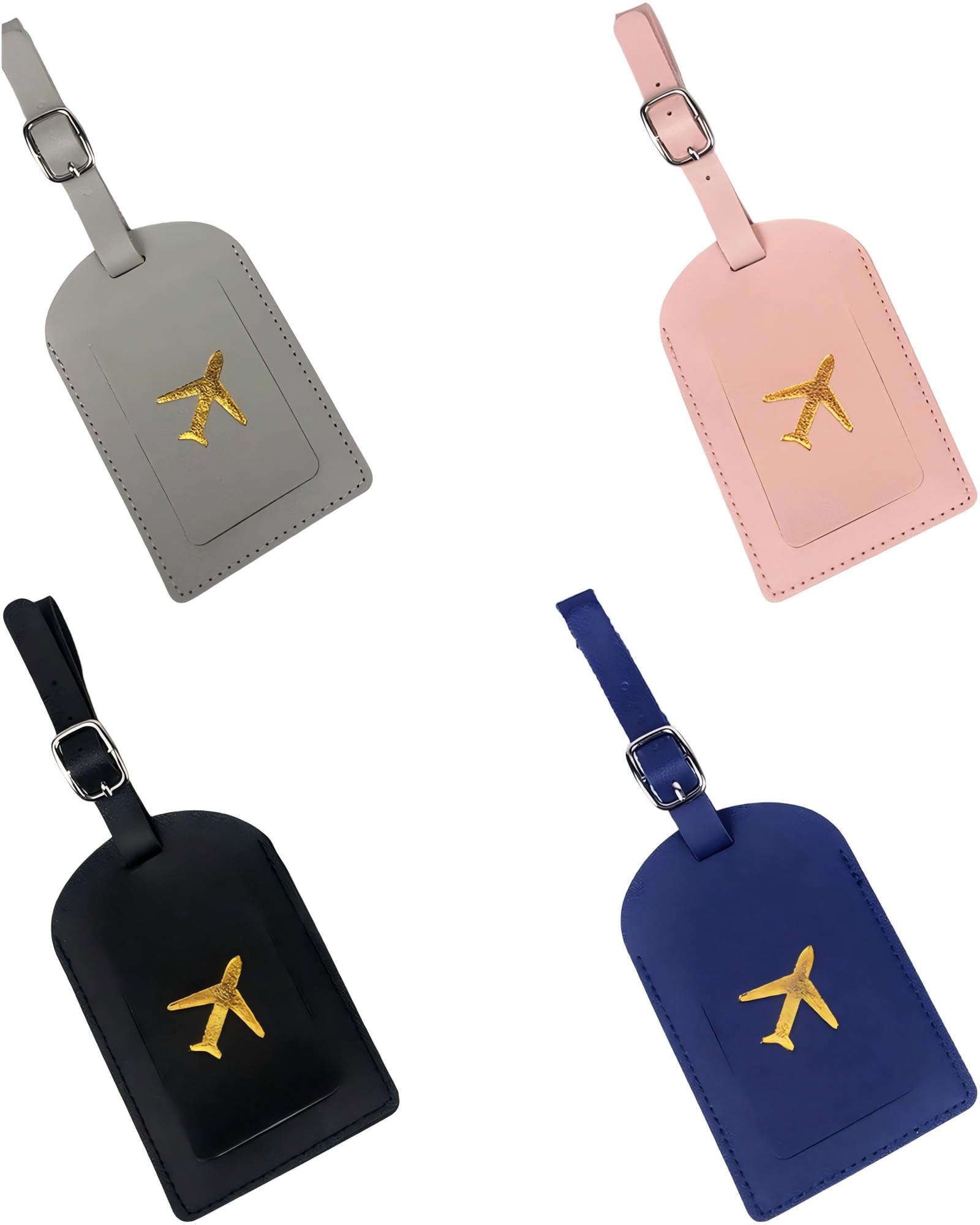 4PCS Luggage Tags - PU Leather Suitcase Tags - Waterproof Baggage Label with Adjustable Strap - Privacy Cover ID Name Tag for Travel Bags - Black Pink Navy Grey