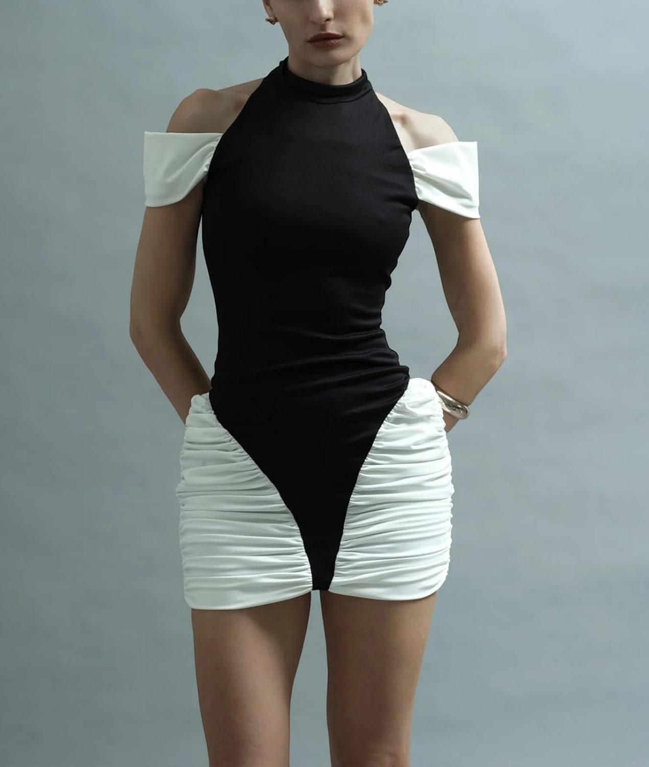 Hafailia Womens Elegant Off The Shoulder Mini Dresses Ruched Bodycon Draped Dress Sexy Club Evening Party Cocktail Outfits - Image 2