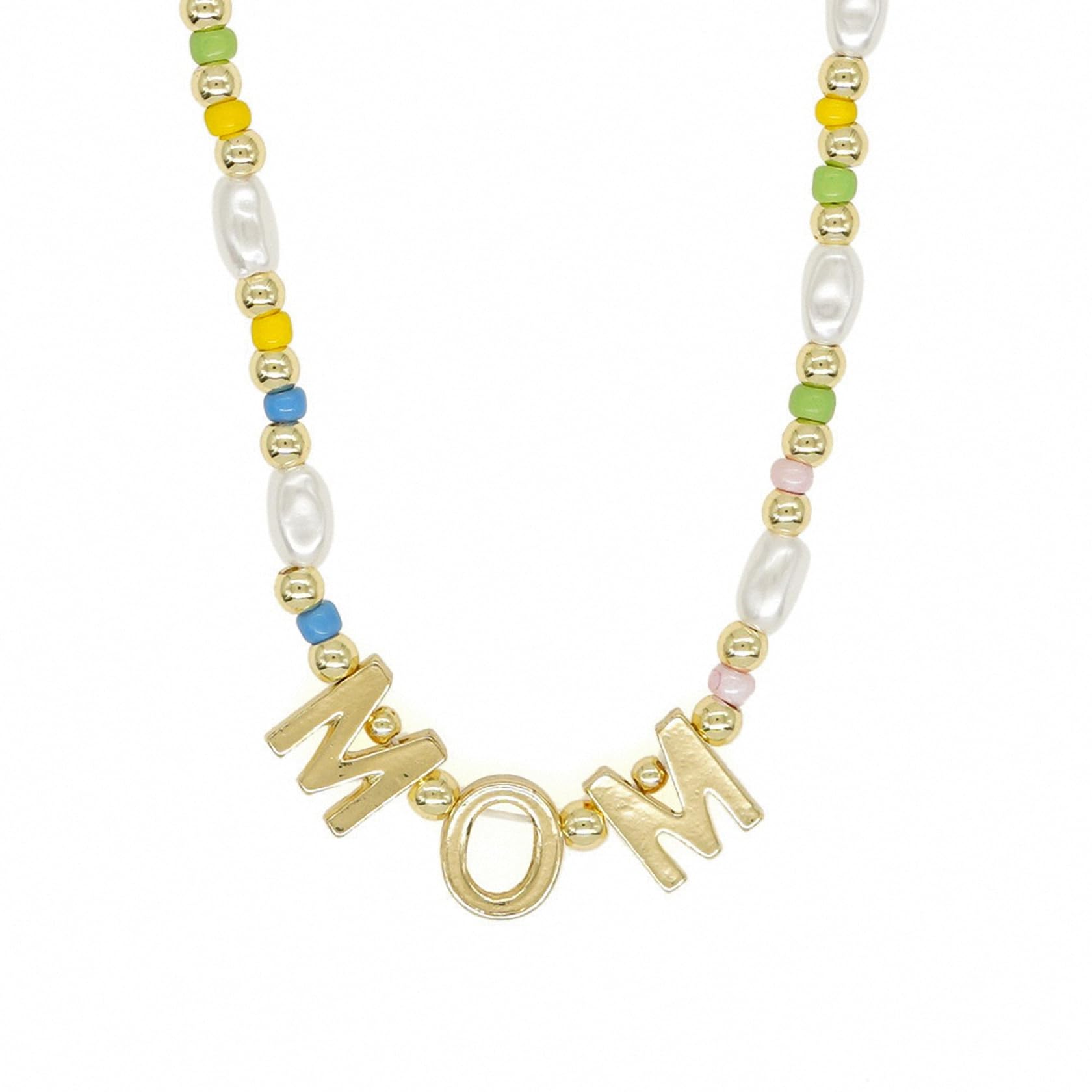 KalapureGold Initial MOM Necklace for Mother's Day Gift, MOM Bubble Letter Necklace for Mama Birthday Gifts, Boho Beaded imitation Pearl Choker Necklace for Women