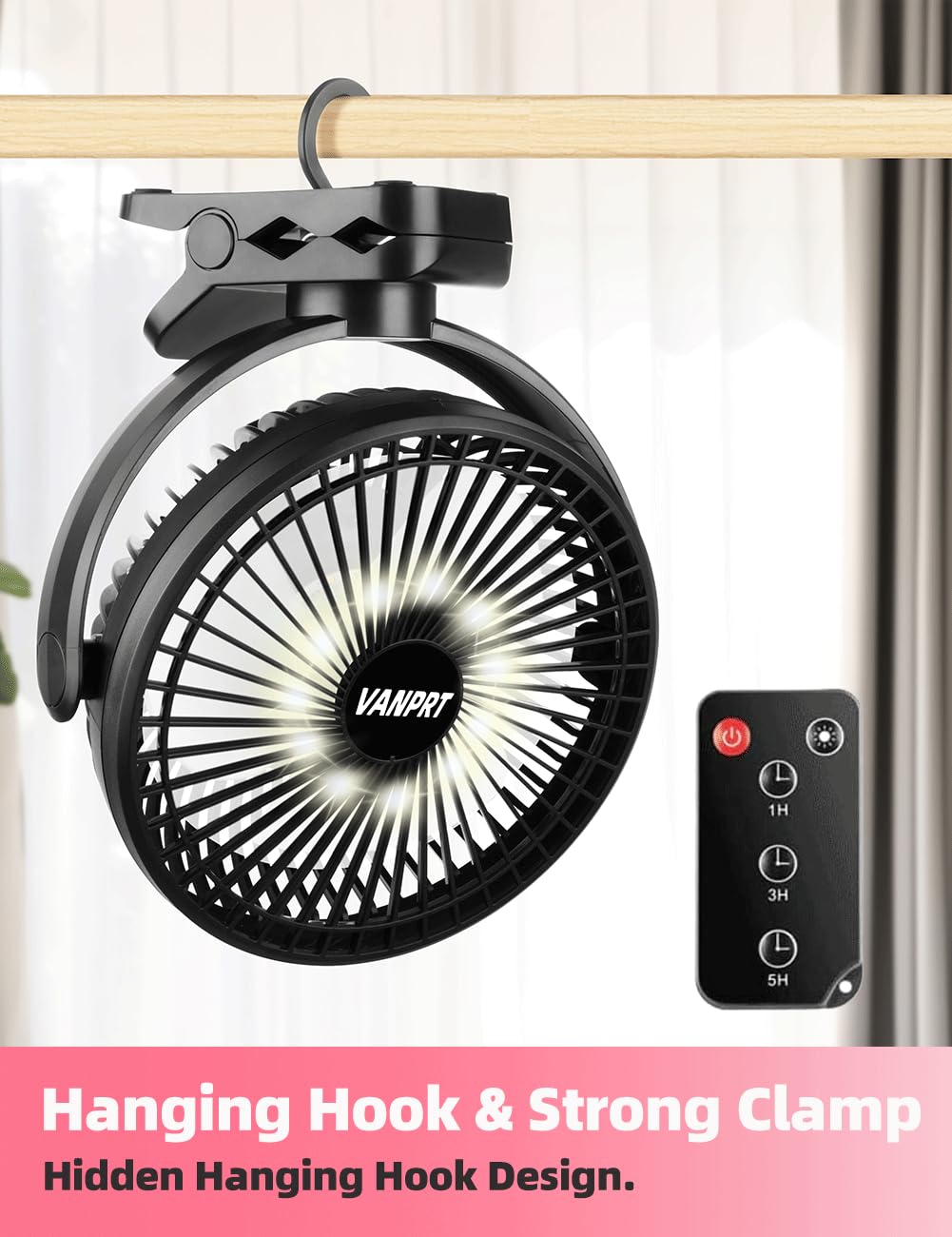 Ventola ricaricabile con clip da 20,3 cm, con telecomando, 10000 mAh, ventilatore portatile da campeggio, 3 velocità, max 40 ore di funzionamento, con luce LED e timer, rotazione di 720°,