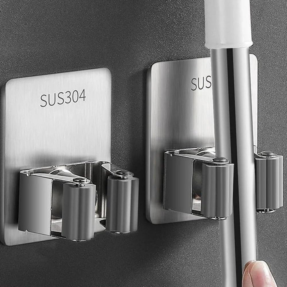 Home Storage Rack Bathroom Traceless Hooks Wall Mounted Mop Organizer Holder Waterproof Broom Hanger,Silver,6.8 * 8.6cm,Silver-with Hooks 6.5 * 8cm